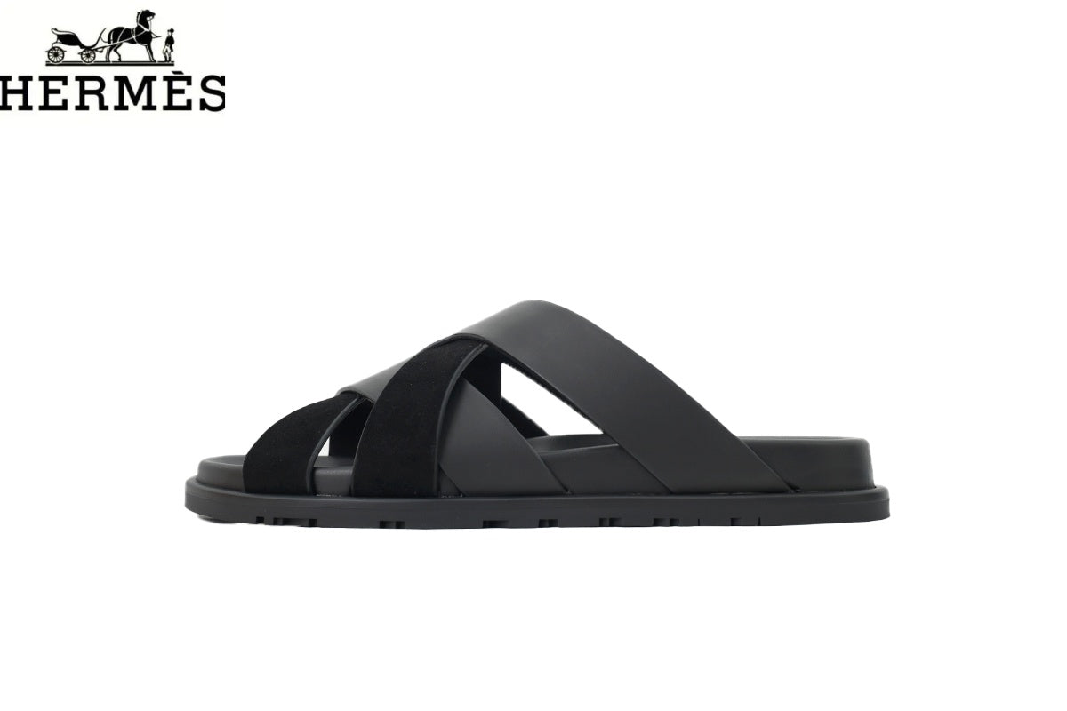 Hermès Cross Band Leather Suede Slide Sandals "Black"