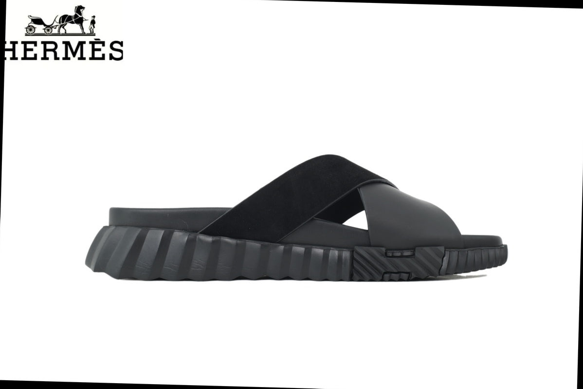 Hermès Cross Strap Thick Sole Men Slide Sandals "Black"
