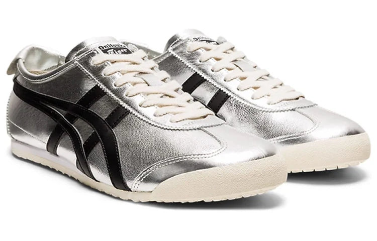 Onitsuka Tiger Mexico 66 "Silver Black" Metallic Leather Sneakers- Women's Shoe Sale / Men's Shoe Sale