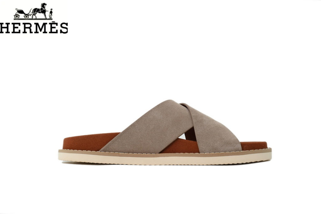 Loro Piana Cross Band Suede Slide Sandals "Light Taupe"