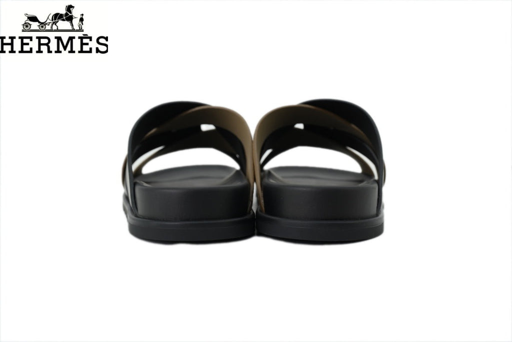 Hermès Braided Cross Strap Slide Sandals "Black & Khaki"