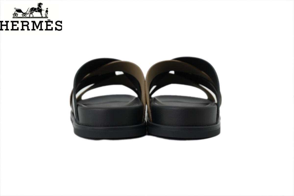 Hermès Braided Cross Strap Slide Sandals "Black & Khaki"