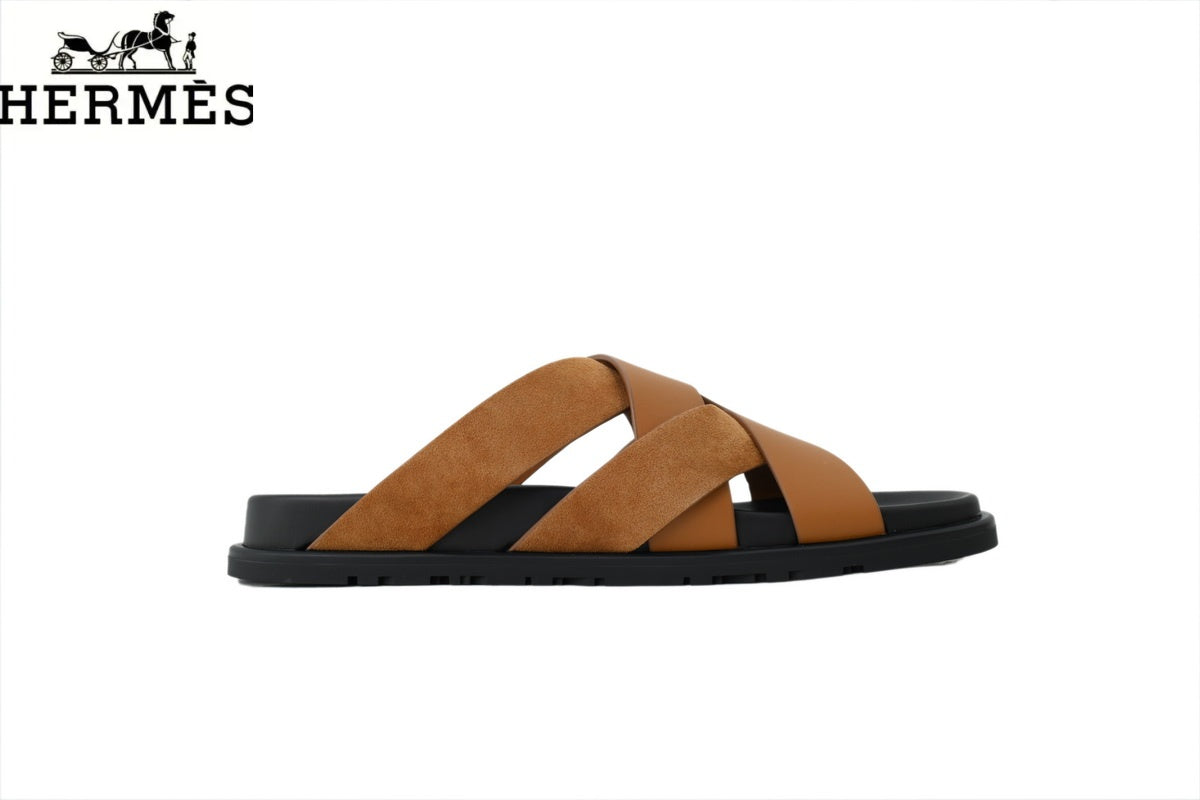 Hermès Braided Cross Strap Slide Sandals "Cognac Brown"