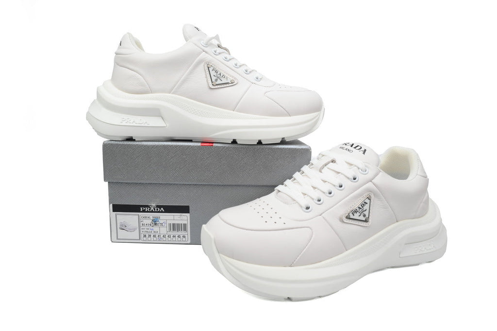 Prada Triangle Logo Leather Platform Sneakers "White"-Classic Casual Shoes/Women's Shoe Sale / Men's Shoe Sale