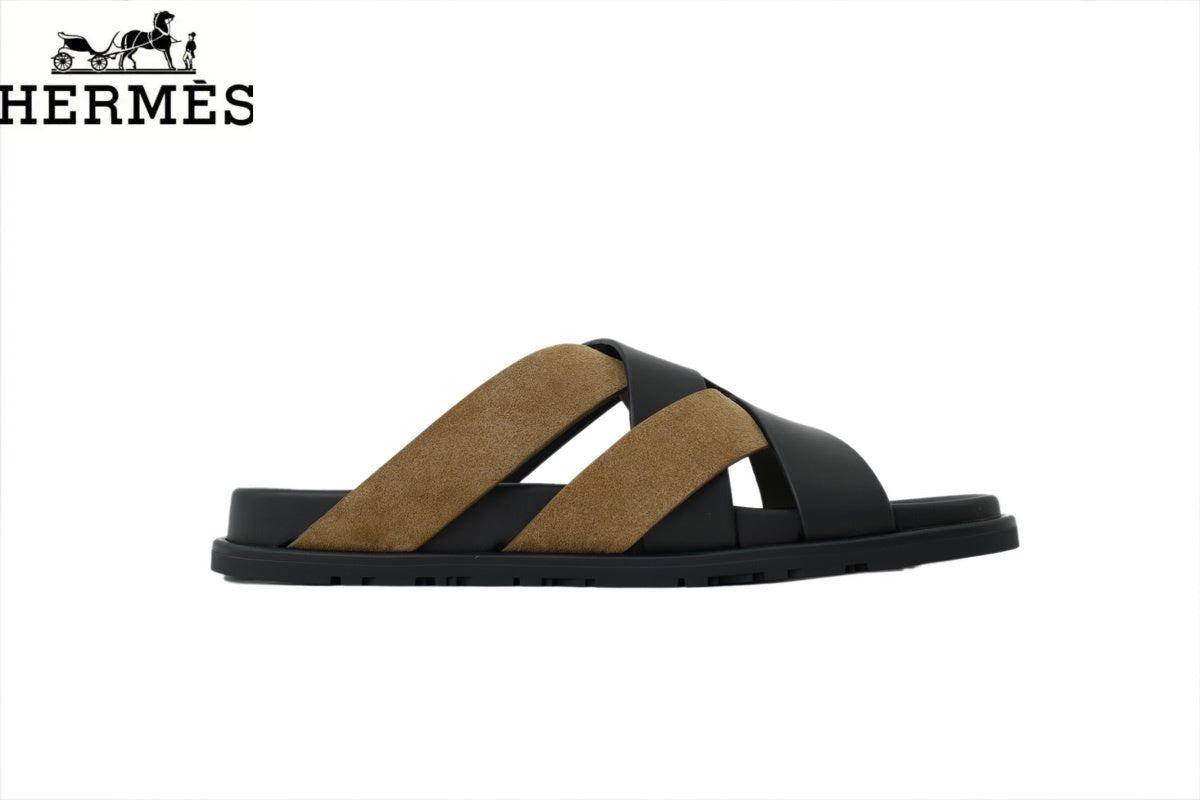 Hermès Braided Cross Strap Slide Sandals "Black & Khaki"