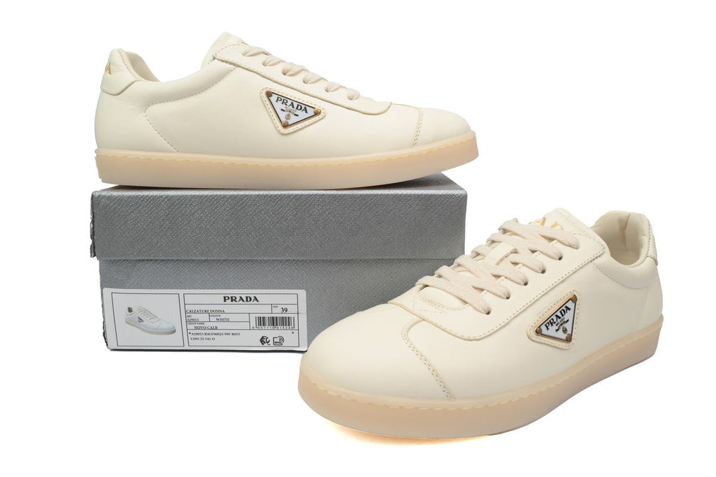 Prada Triangle Logo Leather Men's Casual Sneakers "White Cream"-Classic Casual Shoes/Women's Shoe Sale / Men's Shoe Sale