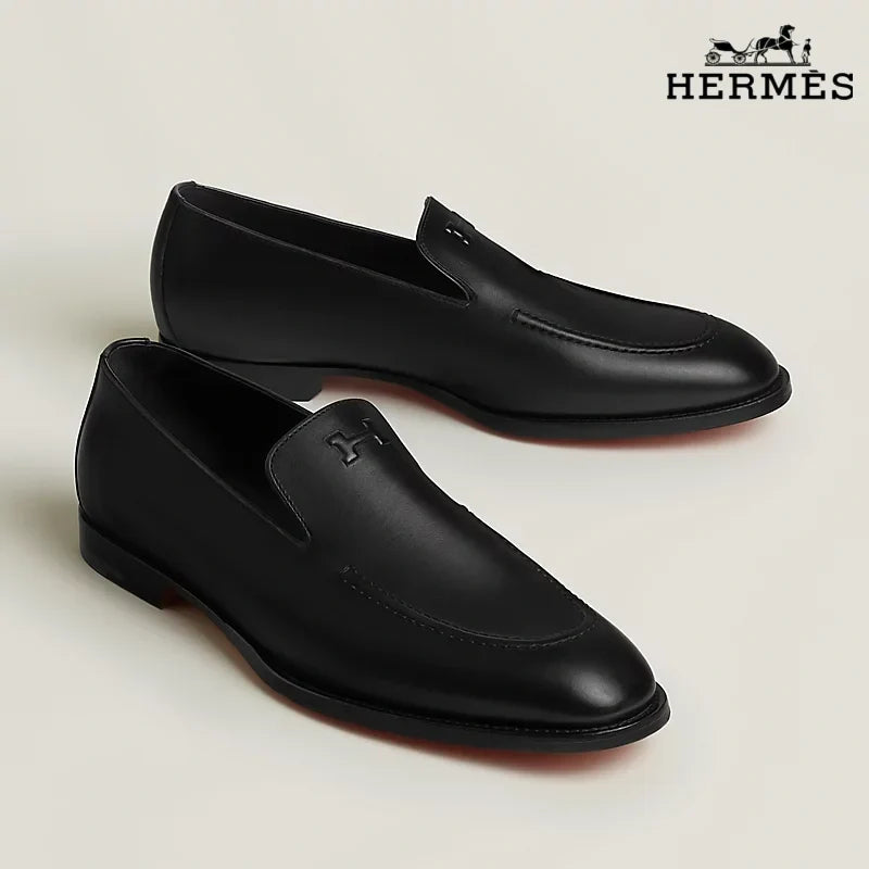 Hermès Newton Series Men's Black Box Calf Leather H Logo Loafers