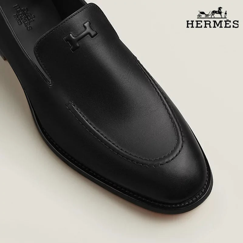 Hermès Newton Series Men's Black Box Calf Leather H Logo Loafers