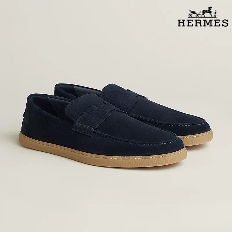 Hermès Montebello Series Men's Navy Suede Leather Loafers