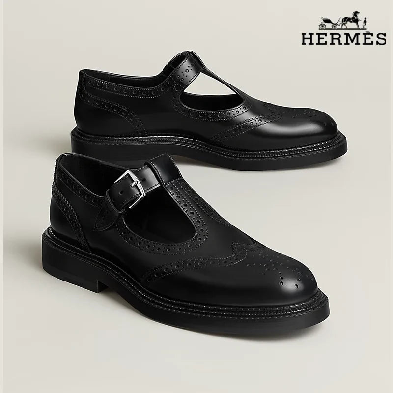 Hermès Royal Series T-Strap Brogue Mary Jane Leather Shoes "Black"