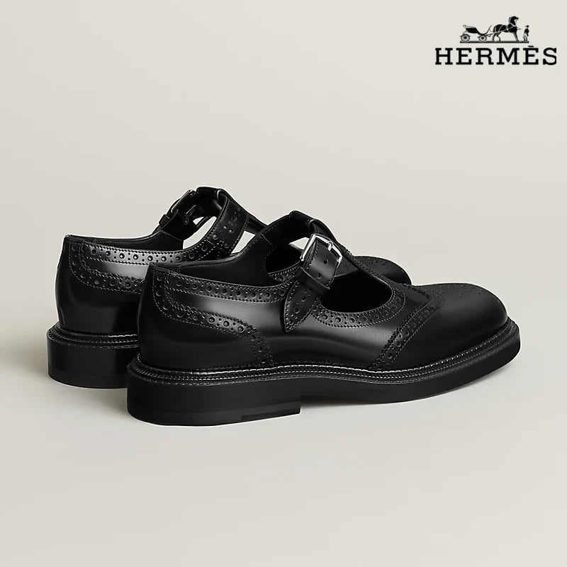 Hermès Royal Series T-Strap Brogue Mary Jane Leather Shoes "Black"