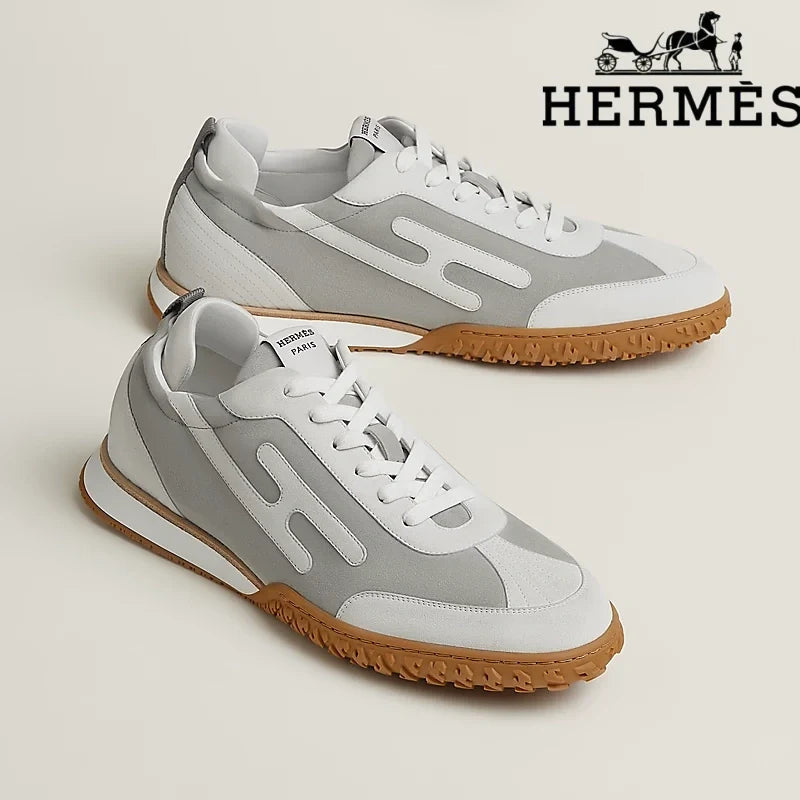 Hermès Jet Sneaker "White & Light Grey" Suede Technical Fabric Men Retro Sneakers