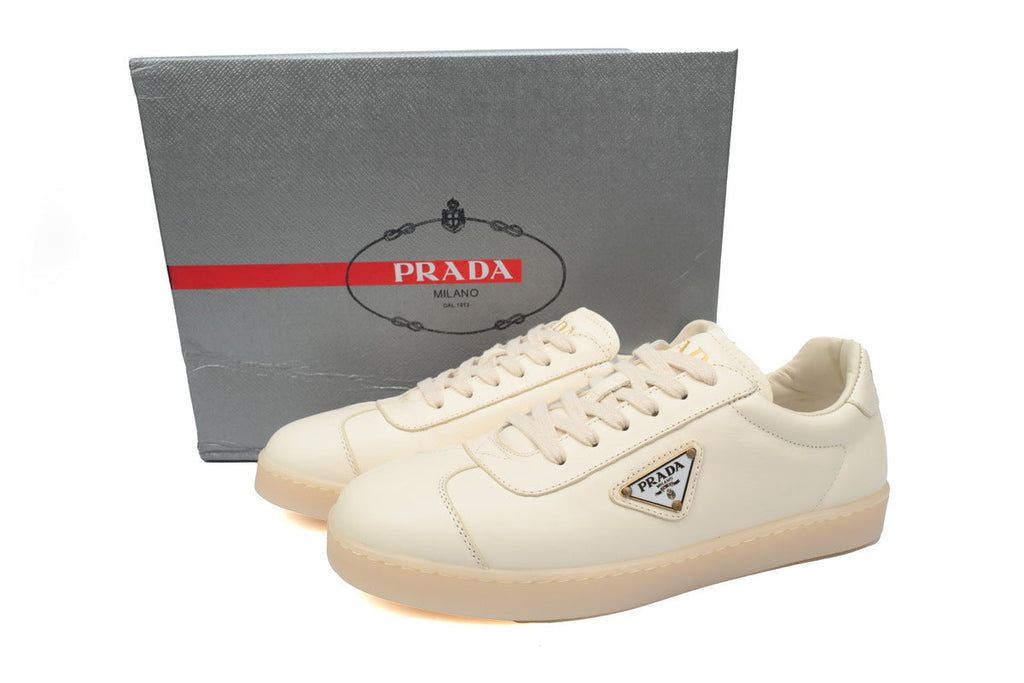 Prada Triangle Logo Leather Men's Casual Sneakers "White Cream"-Classic Casual Shoes/Women's Shoe Sale / Men's Shoe Sale