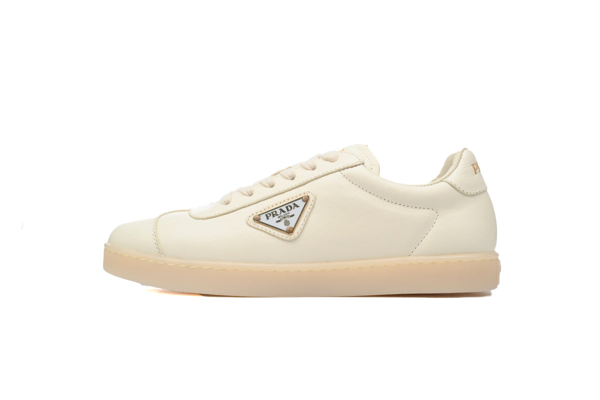 Prada Triangle Logo Leather Men's Casual Sneakers "White Cream"-Classic Casual Shoes/Women's Shoe Sale / Men's Shoe Sale