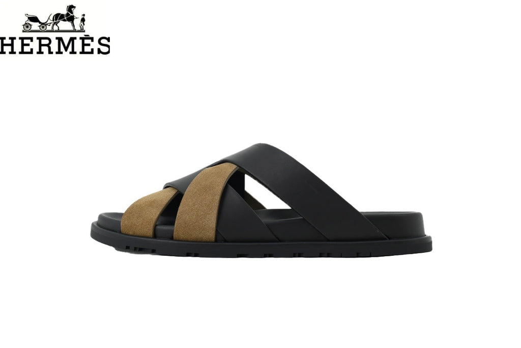 Hermès Braided Cross Strap Slide Sandals "Black & Khaki"