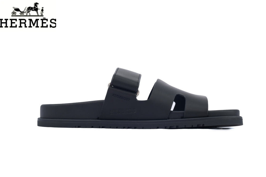 Hermès Chypre Adjustable Strap Leather Slide Sandals "Black"