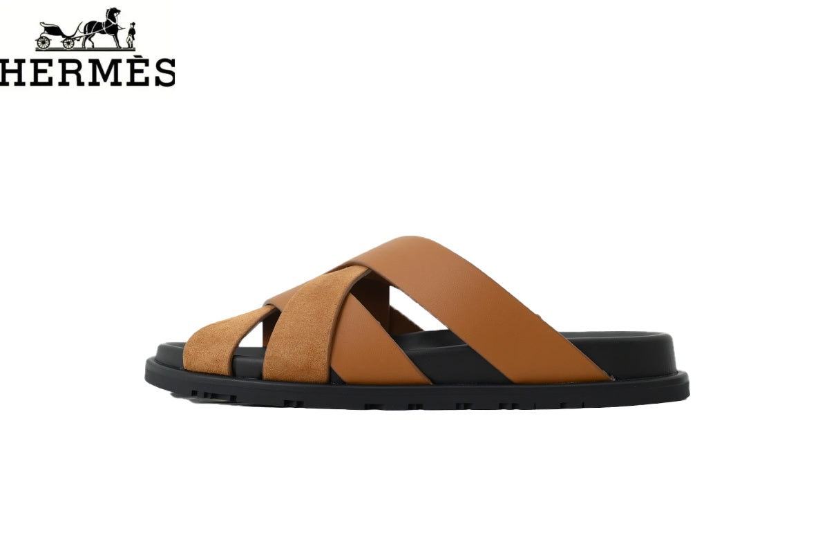 Hermès Braided Cross Strap Slide Sandals "Cognac Brown"