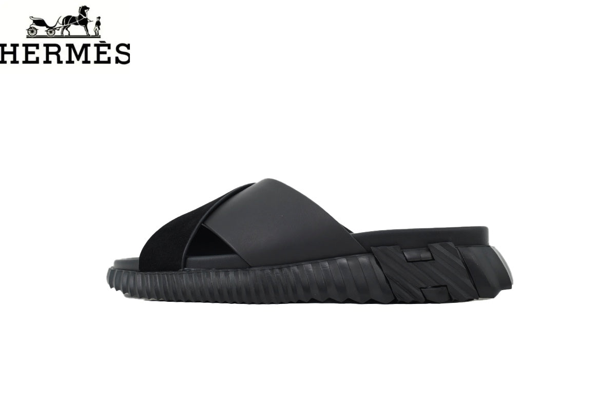 Hermès Cross Strap Thick Sole Men Slide Sandals "Black"