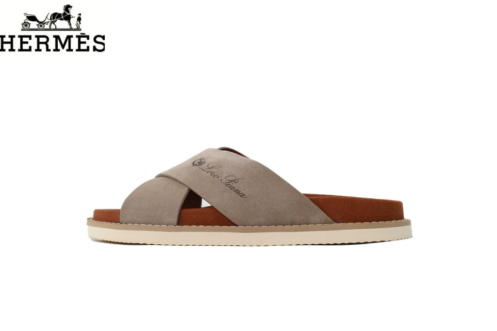 Loro Piana Cross Band Suede Slide Sandals "Light Taupe"