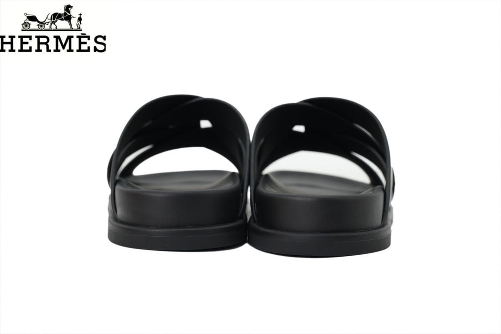 Hermès Cross Band Leather Suede Slide Sandals "Black"