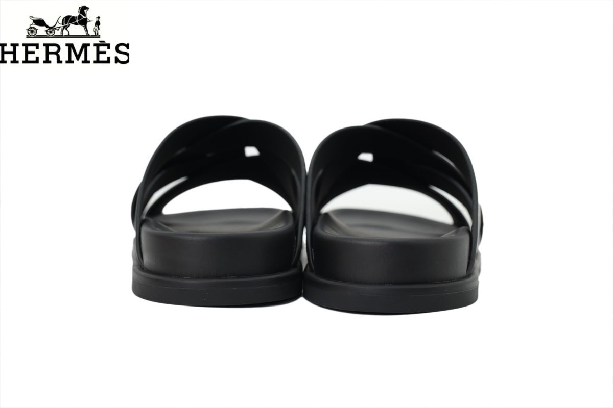 Hermès Cross Band Leather Suede Slide Sandals "Black"