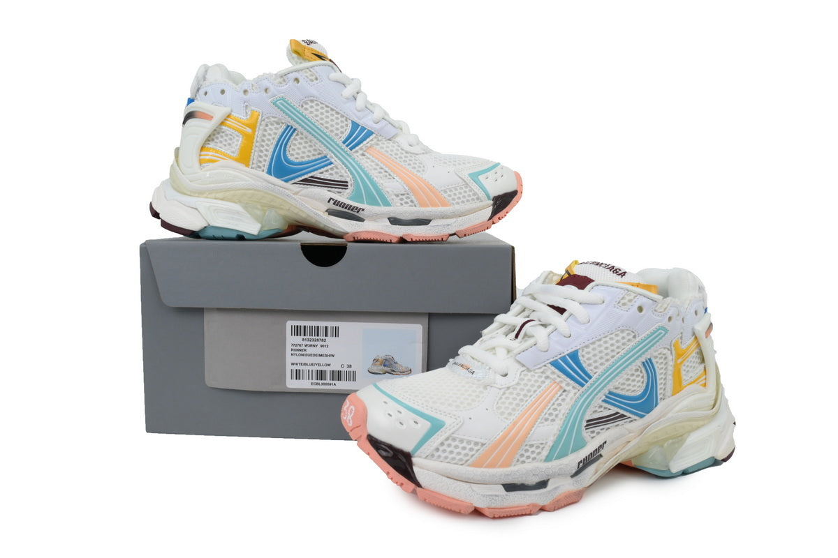 Balenciaga Runner Sneakers "White Blue Yellow"-retro thick sole dad shoes，Women's Shoe Sale / Men's Shoe Sale