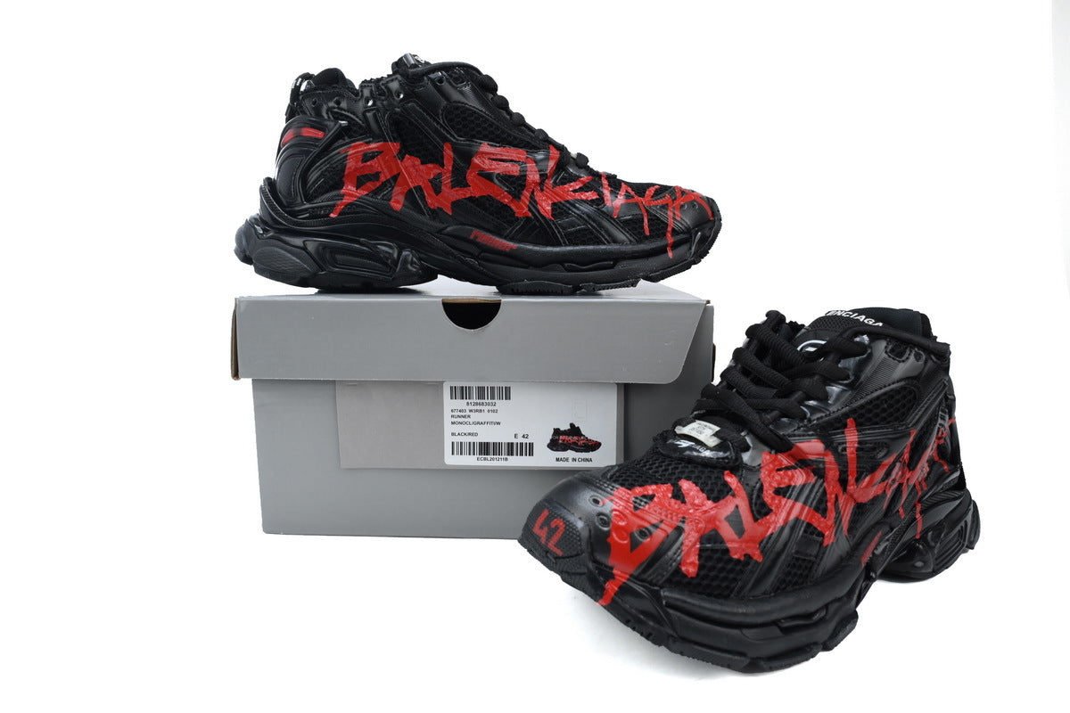 Balenciaga Runner Series Graffiti Sneakers "Black Red"-retro thick sole dad shoes，Women's Shoe Sale / Men's Shoe Sale