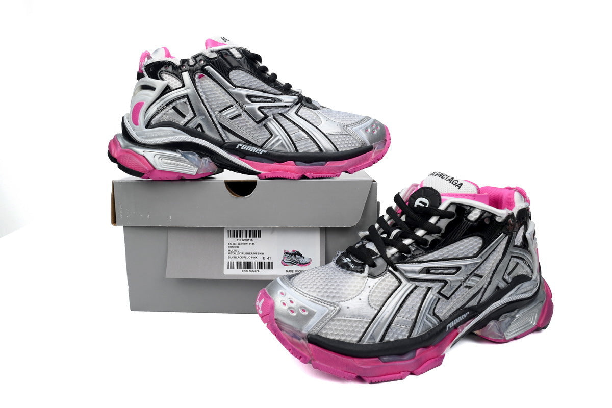 Balenciaga Runner Mid Sneakers "Silver Black Pink" Mesh Chunky Mid Top Trainer