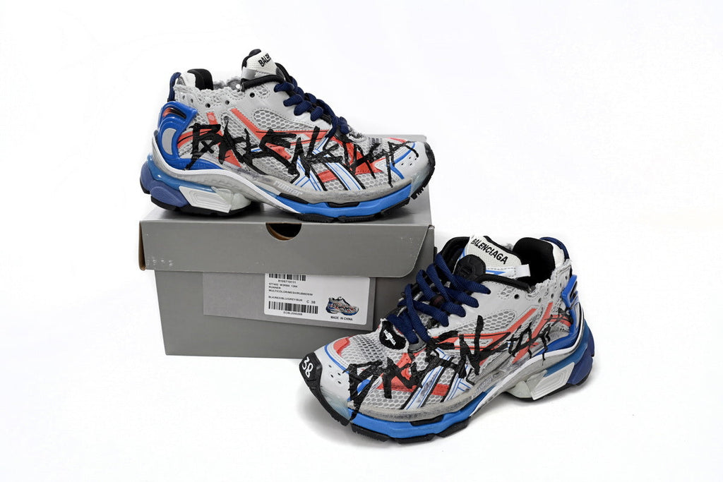 Balenciaga Runner Graffiti Sneakers "Grey Red Blue"-retro thick sole dad shoes，Women's Shoe Sale / Men's Shoe Sale