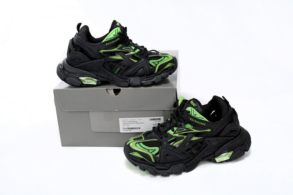 Balenciaga Track 2 Open Sneakers "Black Fluorescent Green"-retro thick sole dad shoes，Women's Shoe Sale / Men's Shoe Sale