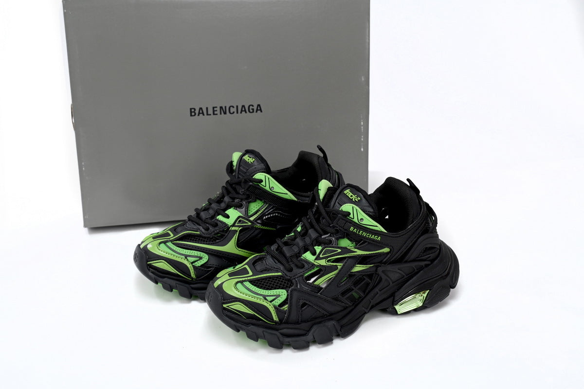 Balenciaga Track 2 Open Sneakers "Black Fluorescent Green"-retro thick sole dad shoes，Women's Shoe Sale / Men's Shoe Sale