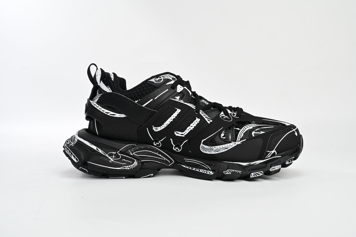 Balenciaga Track Sneakers "Black White Sketch"-retro thick sole dad shoes，Women's Shoe Sale / Men's Shoe Sale
