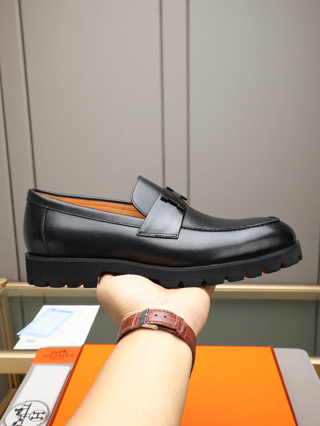 Hermès Trait Loafer "Black" Smooth Leather Men Thick Sole Loafers