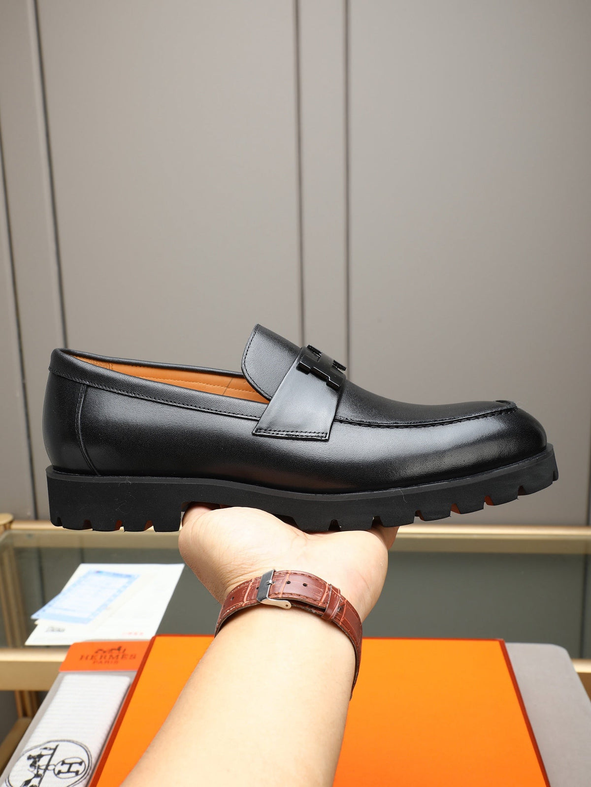 Hermès Trait Loafer "Black" Smooth Leather Men Thick Sole Loafers