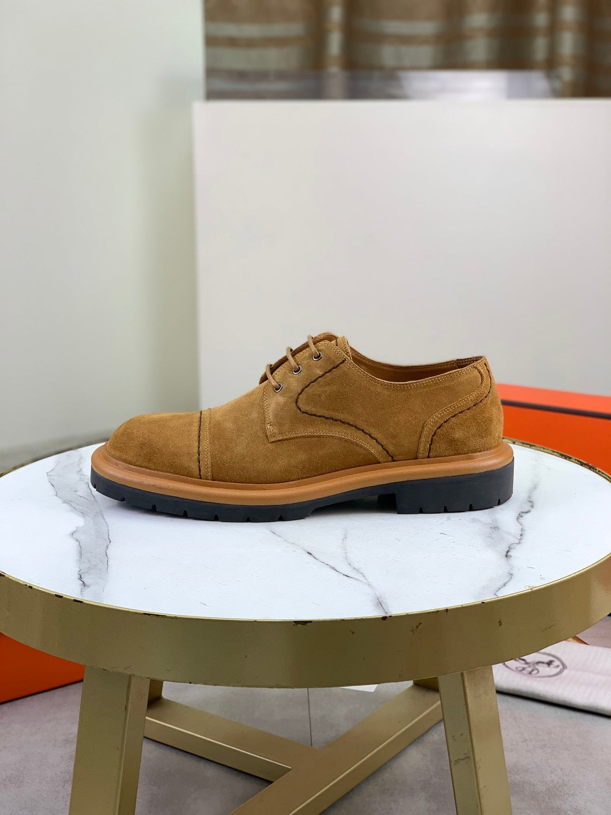 Hermès Men's Cap Toe Derby Shoes "Camel" Suede Thick Lug Sole Casual Dress Shoes