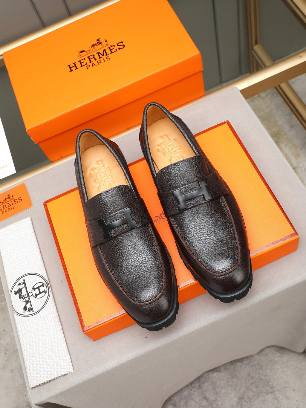 Hermès Trait Loafer "Dark Brown" Grain Leather Men Thick Sole Loafers