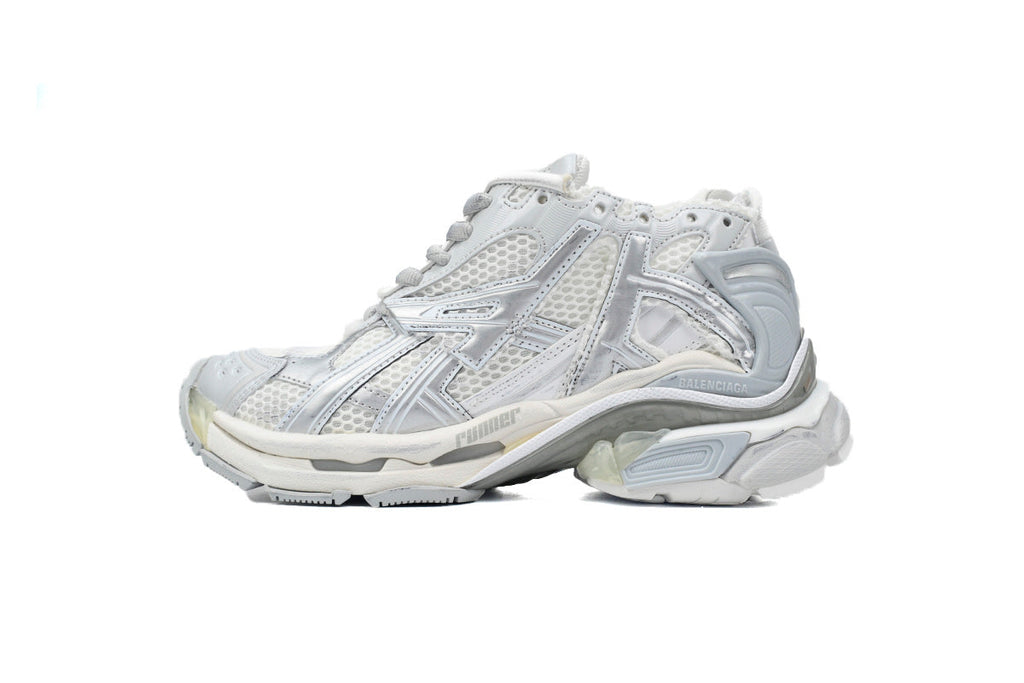 Balenciaga Runner Mid Sneakers Silver White Mesh "Silver Metallic" Chunky Mid Top Trainer