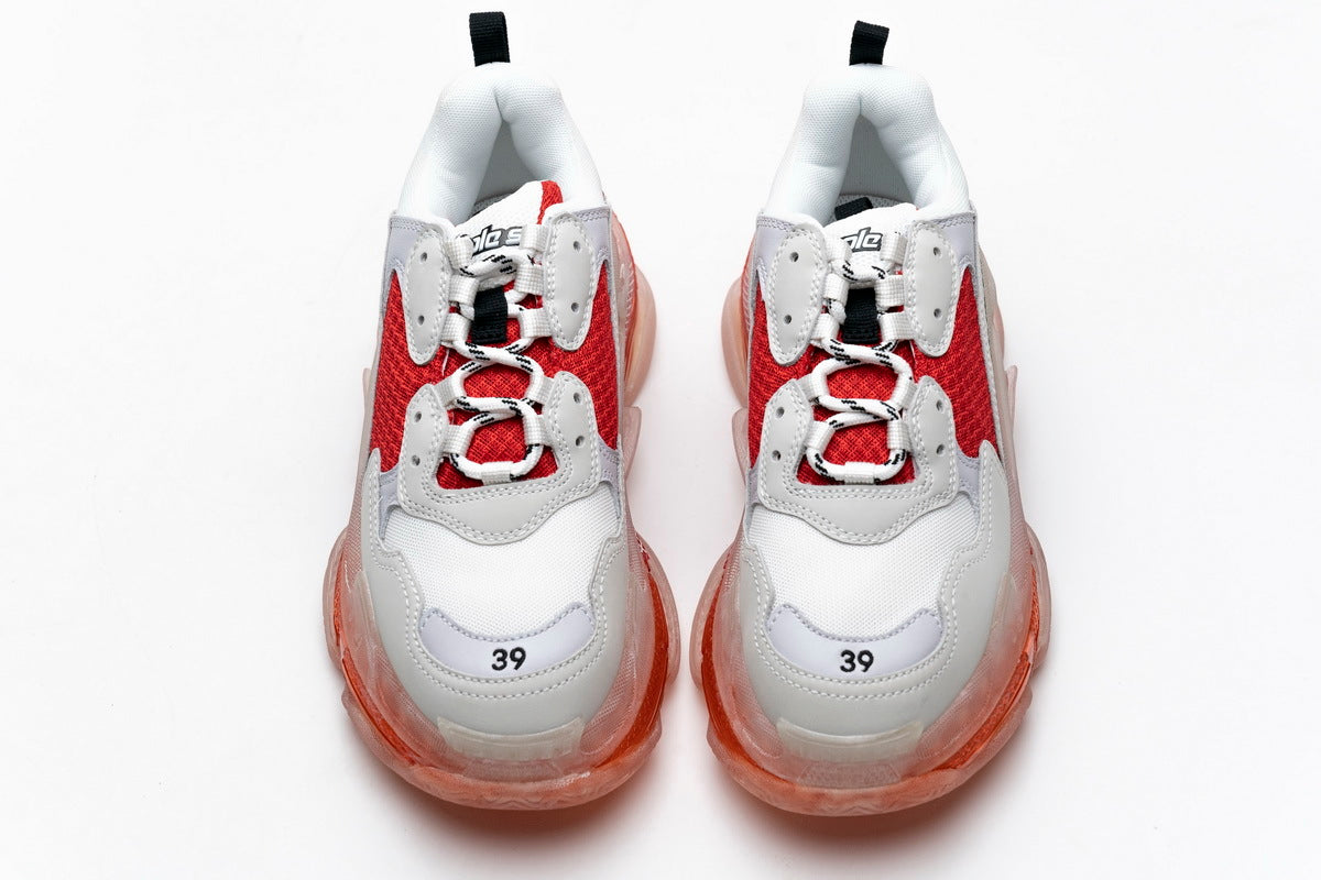 Balenciaga Triple S Clear Sole Sneakers "White Red"-retro thick sole dad shoes，Women's Shoe Sale / Men's Shoe Sale