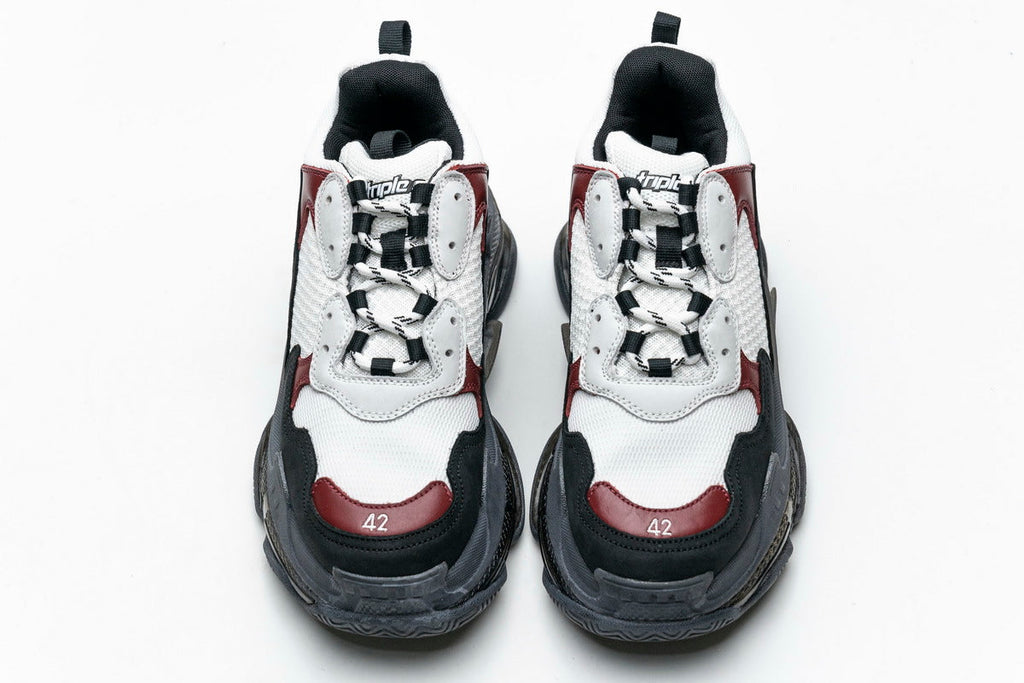 Balenciaga Triple S Sneakers "Black White Burgundy"-retro thick sole dad shoes，Women's Shoe Sale / Men's Shoe Sale
