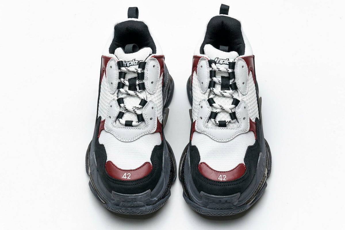 Balenciaga Triple S Sneakers "Black White Burgundy"-retro thick sole dad shoes，Women's Shoe Sale / Men's Shoe Sale
