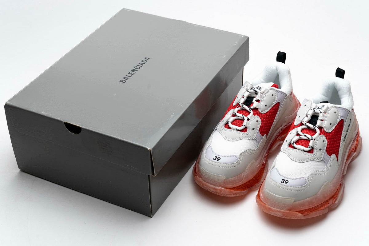 Balenciaga Triple S Clear Sole Sneakers "White Red"-retro thick sole dad shoes，Women's Shoe Sale / Men's Shoe Sale