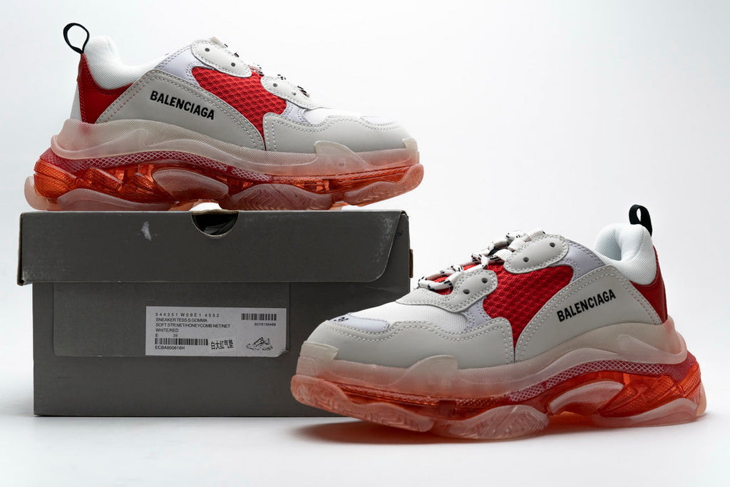 Balenciaga Triple S Clear Sole Sneakers "White Red"-retro thick sole dad shoes，Women's Shoe Sale / Men's Shoe Sale