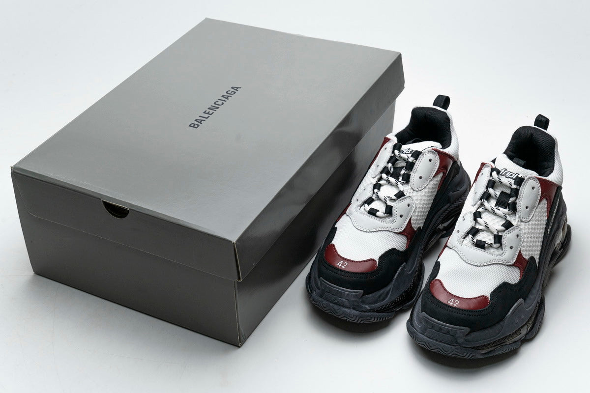 Balenciaga Triple S Sneakers "Black White Burgundy"-retro thick sole dad shoes，Women's Shoe Sale / Men's Shoe Sale