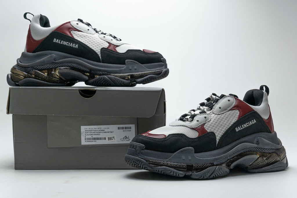 Balenciaga Triple S Sneakers "Black White Burgundy"-retro thick sole dad shoes，Women's Shoe Sale / Men's Shoe Sale