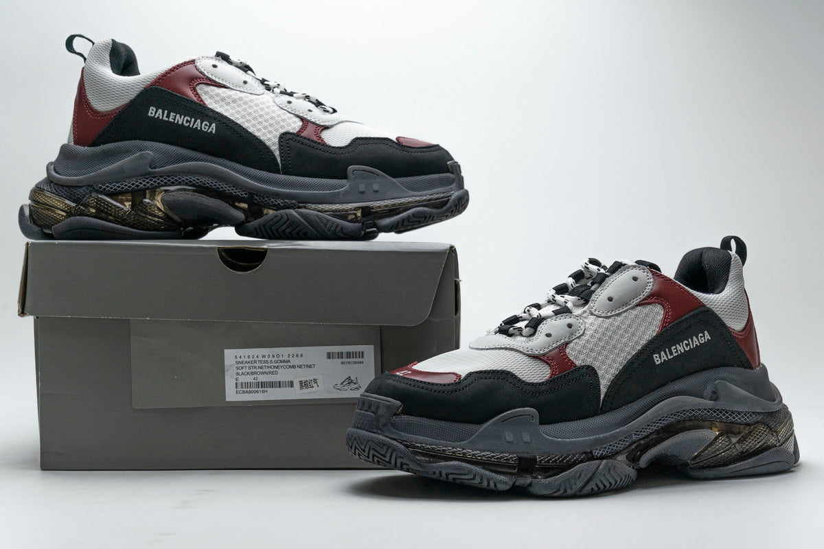 Balenciaga Triple S Sneakers "Black White Burgundy"-retro thick sole dad shoes，Women's Shoe Sale / Men's Shoe Sale