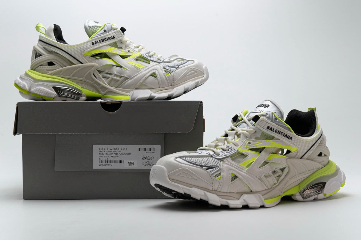Balenciaga Track 2 Open Sneakers "White Fluo Yellow"-retro thick sole dad shoes，Women's Shoe Sale / Men's Shoe Sale