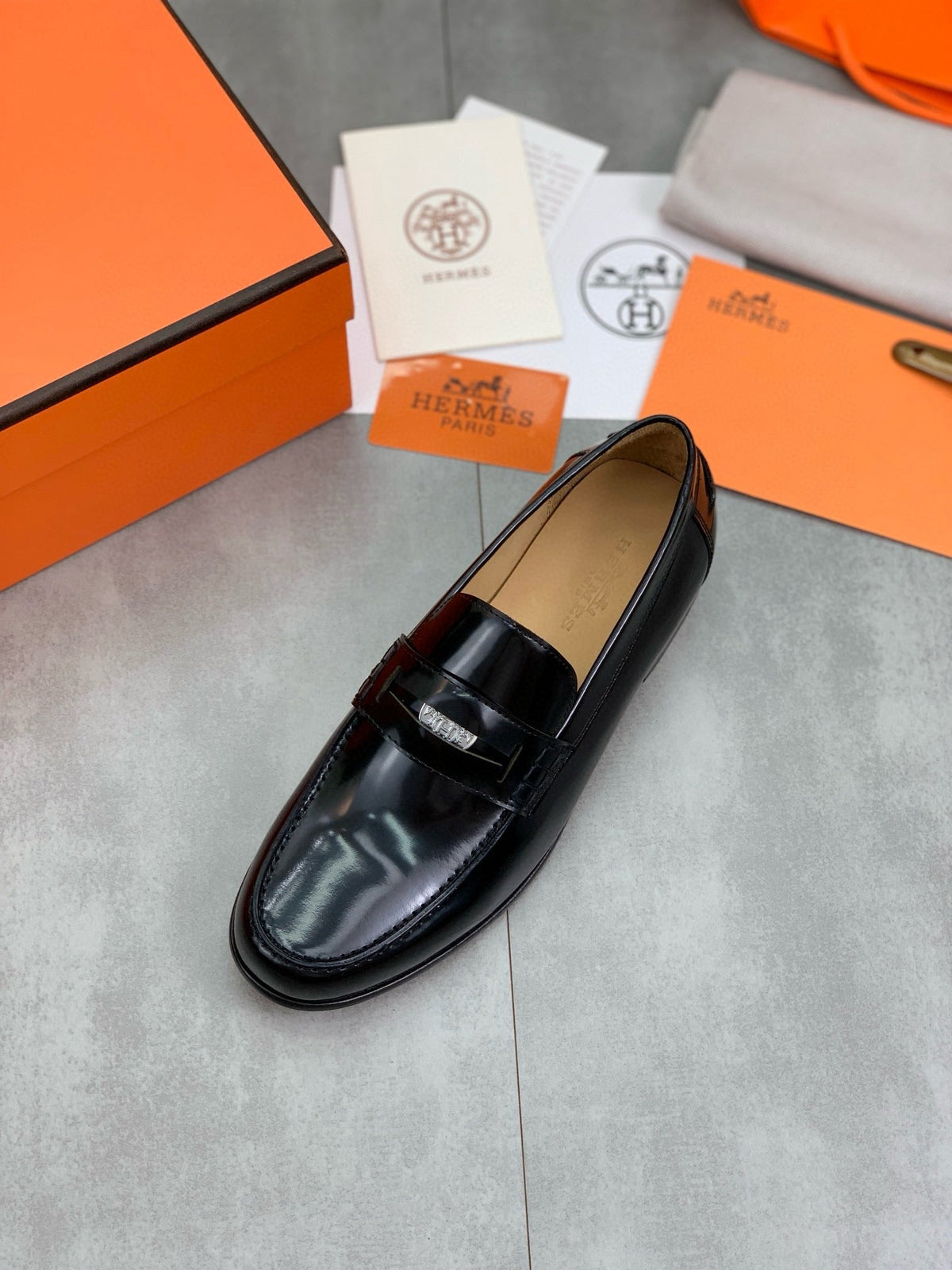Hermès Men's Penny Loafers "Black" Polished Calf Leather Metal Buckle Slip On Dress Shoes