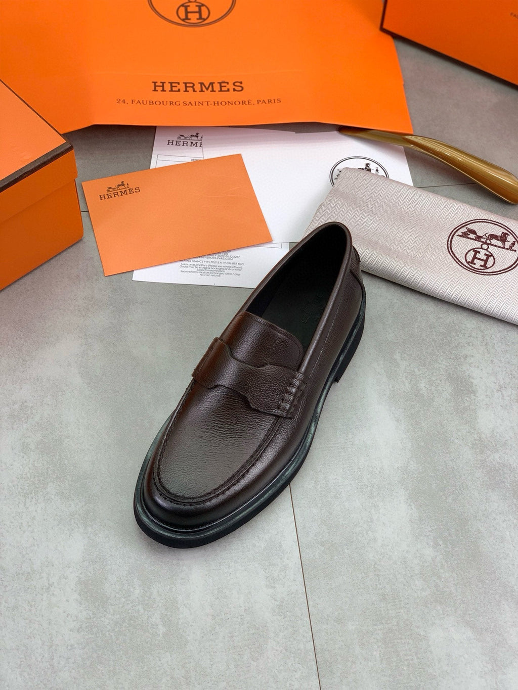 Hermes Group Series "Dark Brown" Grain Leather Men Penny Loafers