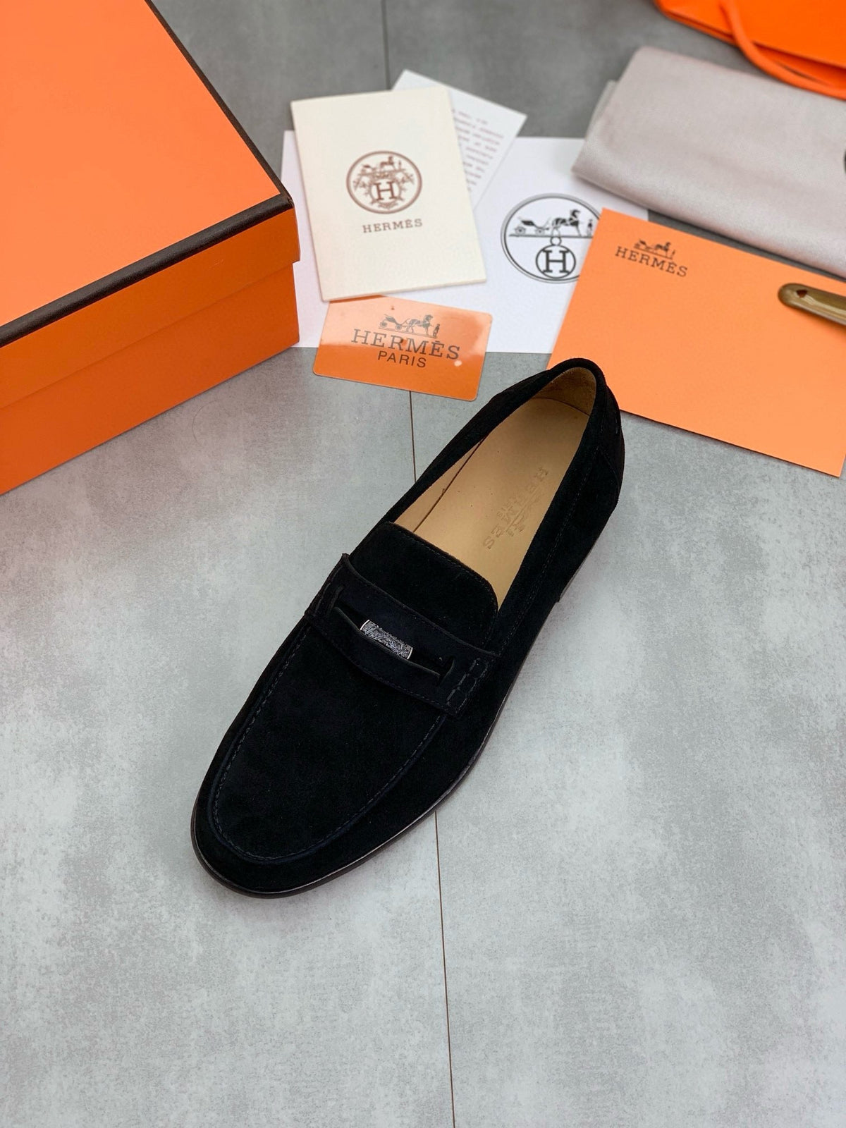 Hermès Men's Penny Loafers "Black" Suede Leather Metal Buckle Slip On Casual Dress Shoes