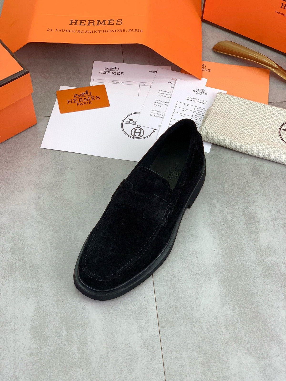 Hermès Men's Penny Loafers "Black" Suede Leather Thick Sole Casual Dress Shoes